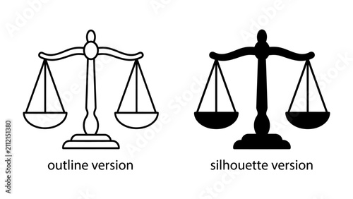 фотографія Scales of Justice Icons: Two distinct icons representing the scales of justice, one as a clear outline and the other as a bold silhouette, symbolizing fairness and legal balance