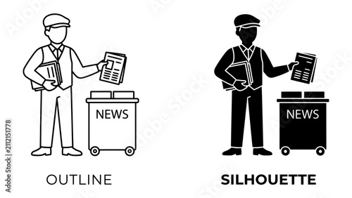 Fotografie News Vendor Throwing Papers: A news vendor, depicted in both outline and silhouette, discards newspapers into a bin labeled NEWS, representing the changing media landscape