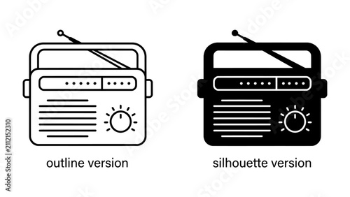 Fotografie Radio Icon: A simple and classic icon representing a portable radio, available in both outline and silhouette versions, perfect for various design applications