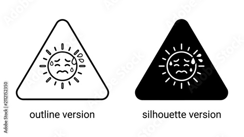 Принти на полотні Hot Weather Warning: A sun with a worried face and sweat droplets, enclosed in a warning triangle, indicating hot weather and potential heat danger