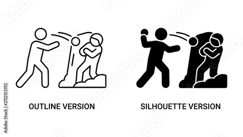 Confrontation Icon: Two figures locked in a symbolic battle, one launching a projectile, the other defending behind a barrier, rendered in both outline and silhouette styles.
