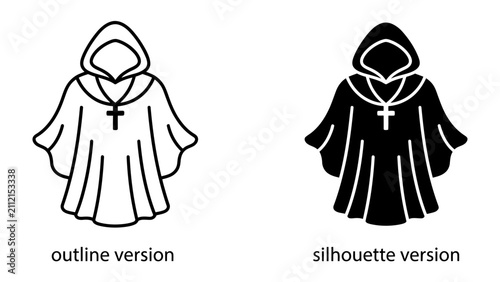 Konstfotografi Religious Robe Icon: A symbol of faith, featuring a hooded robe with a cross pendant, presented in both outline and silhouette versions for versatile design use
