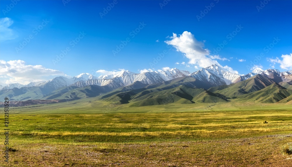 Obraz premium Vast Mountain Landscape Panorama In Kyrgyzstan Under Blue Sky