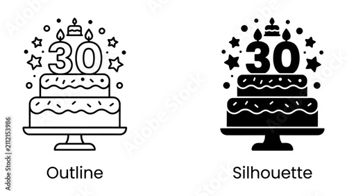 Принти на полотні Birthday Cake for Thirtieth: A two-tiered cake adorned with candles spelling '30', stars, and sprinkles, presented in both outline and silhouette graphic styles