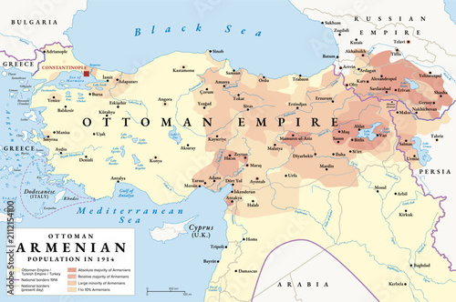 Ottoman Armenian population in the year 1914, history map. Demographic distribution and settlement areas of a significant minority in the Ottoman Empire, showing different levels of density. Vector
