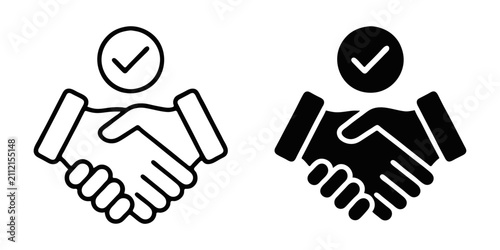 Business handshake icon with checkmark symbol, partnership agreement and successful deal concept, vector illustration.

