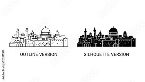 Foto Jerusalem Skyline: A striking outline and silhouette depiction of the iconic Jerusalem skyline, showcasing its historic architecture and domed structures in two contrasting styles