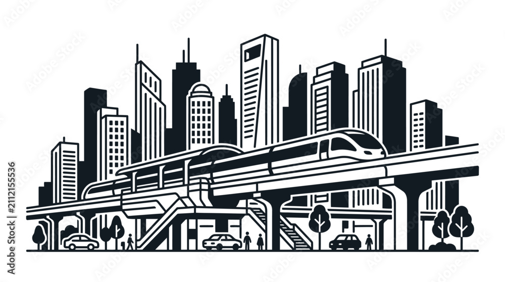 Fototapeta premium Modern City Skyline with Monorail Vector Illustration