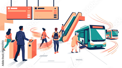 Modern flat illustration of a smart city transit hub with diverse commuters and electric buses.