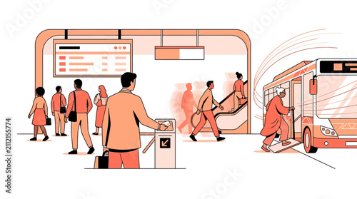 Modern Public Transport Hub Illustration with Commuters and Smart Ticketing