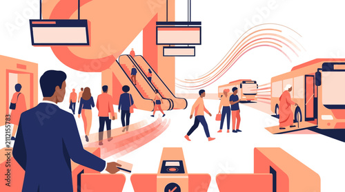 Modern Urban Public Transport Hub with Diverse Commuters, Buses, and Escalators in Flat Vector Style