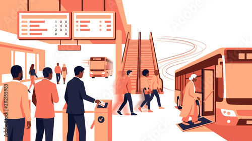 Busy Public Transport Terminal Vector Illustration with Commuters, Buses, and Ticket Gates