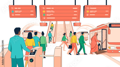 Modern Public Transportation Hub with Diverse Commuters and Smart City Infrastructure Flat Illustration