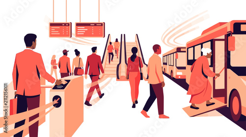 Modern public transportation hub illustration with commuters and smart transit infrastructure.