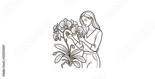 Foto Woman with Orchid Flowers Line Art Vector Illustration