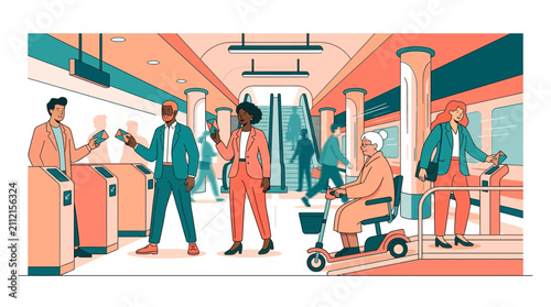 Diverse Commuters Using Public Transportation in Modern Metro Station Illustration