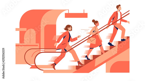 Diverse business people commuting on escalator in modern subway station flat vector illustration