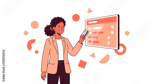 Flat vector illustration of a Black woman using a credit card for online payment and digital banking.