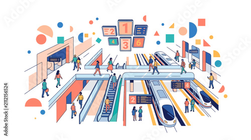 Busy Modern Transit Hub Vector with High Speed Trains and Commuters in Flat Isometric Style