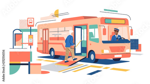 Vector illustration of a senior woman boarding an accessible bus using a ramp.