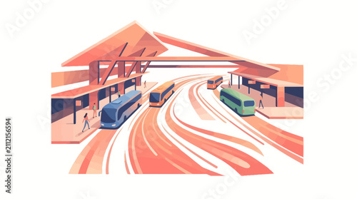Modern Bus Station Illustration with Commuters and Public Transport Vehicles