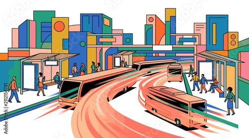 Modern City Public Transportation Illustration with Colorful Buses and Commuters