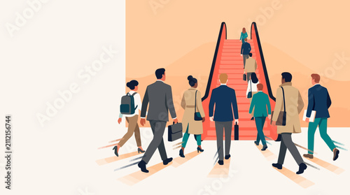 Business Professionals Walking Towards Upward Escalator for Career Growth and Success