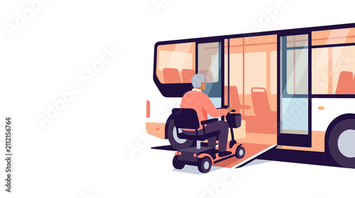Senior man on mobility scooter boarding accessible city bus via ramp flat illustration