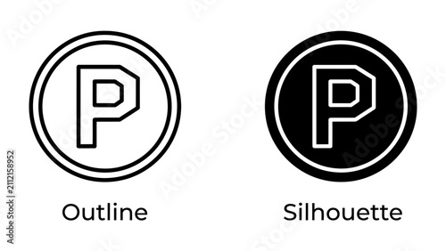фотографія Parking Icon: A pair of simple, clean parking icons, one in outline and the other as a solid silhouette, enclosed within a circle, representing a parking symbol for directions or services