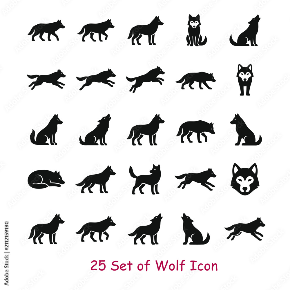 Obraz premium Set Of Wolf Icons Black Silhouette On White Background