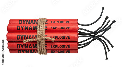 Foto Bundle of red dynamite sticks tied with rope and showing detonator wires