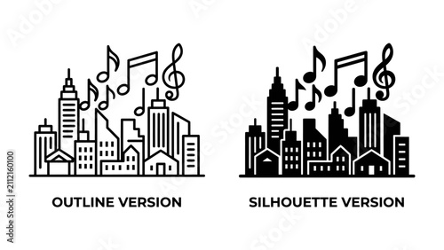 Quadro su tela City Symphony: A graphic representation of a cityscape, featuring a collection of buildings with musical notes and clefs floating above, symbolizing the harmonious blend of urban life and music