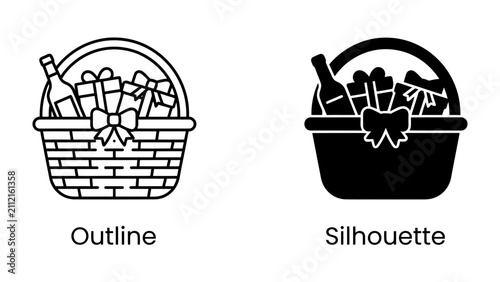 Fotografie Gift Basket Icon: A charming outline and silhouette icon representing a gift basket filled with wrapped presents and a bottle, adorned with a festive bow, perfect for celebrating any occasion
