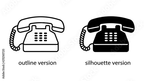 Obraz na płótnie Retro Rotary Telephone Icon: A classic rotary telephone presented in both outline and silhouette versions, symbolizing communication and connectivity from a bygone era