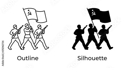 фотографія Revolutionary March: A depiction of a historical parade with soldiers marching in unison, holding flags and rifles