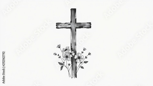 Elegant ink wash illustration of a Christian cross with simple blooming flowers. Minimal monochrome artwork representing remembrance, faith, mourning, hope and peaceful reflection. Isolated on a white