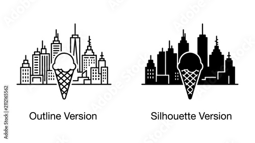 Картината върху платно Ice Cream Skyline: A delightful illustration featuring a cityscape with an ice cream cone as the centerpiece, presented in both outline and silhouette versions, symbolizing a sweet urban experience