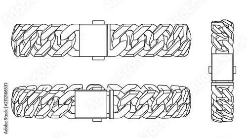 Cuban Link Chain Bracelet Technical Drawing Vector Line Art Illustration with Box Clasp from Different Angles