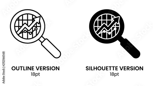 Quadro su tela Magnifying Glass Analytics: Two versions of a magnifying glass icon, one outlined and one silhouette, reveal a growing graph inside, symbolizing data analysis and financial growth