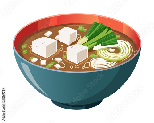 Nutritious bowl of hot noodle soup featuring soft tofu greens and flavorful clear broth for menu design - Vector Illustration