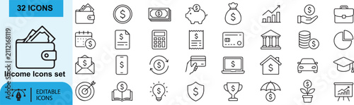 32 Income and Personal Finance Vector Outline Icons Set – Money, Banking, Investment and Wealth Management Line Symbols Collection