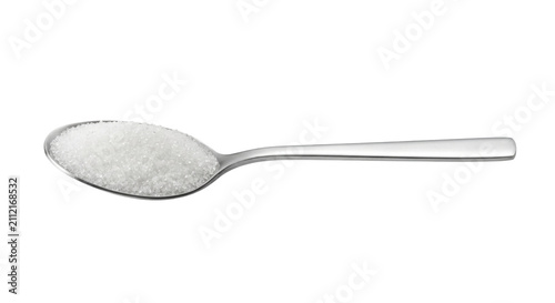 Bild auf Leinwand A metal spoon filled with granulated white sugar on a white background