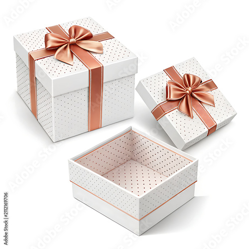 A minimalist 3D render features two pastel pink gift boxes adorned with deep red ribbons and bows. One box is closed, while the other is open, with its lid suspended in the air.