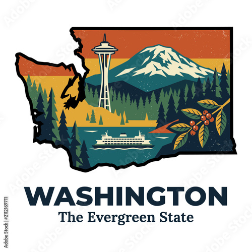 Washington state map showcasing iconic landmarks and nature