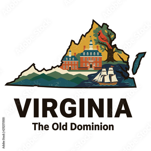 Virginia state map outline illustrating landmarks and symbols
