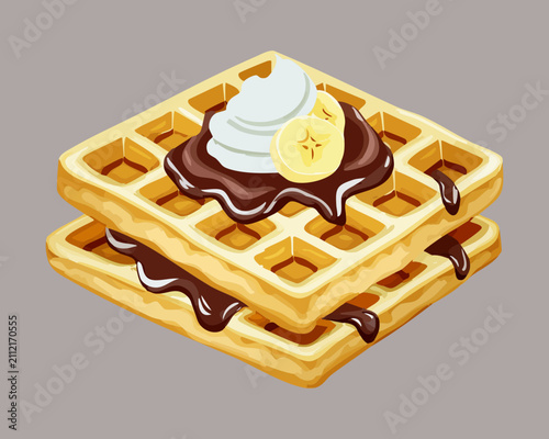 Square dessert waffle garnished with fresh banana slices rich chocolate syrup and soft whipped cream - Vector Illustration