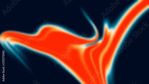 Abstract glowing orange and blue halftone wave on dark background for modern digital design projects.