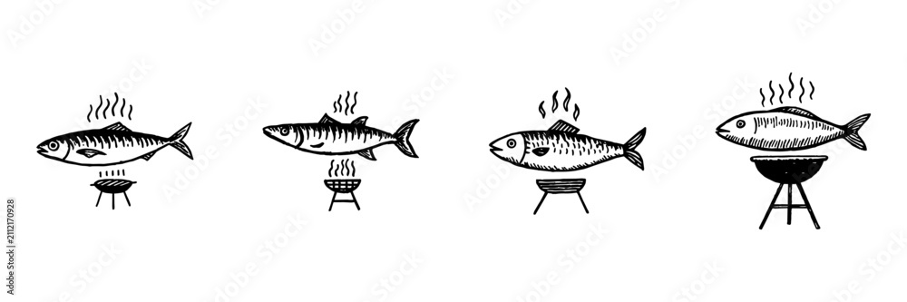 Fototapeta premium Grilled Fish And Barbecue Hand Drawn Doodle Icon Set. Cooking, Roasting, Serving And Outdoor Meal Sketch Symbol Collection. Food And Barbecue Cuisine. Isolated Vector Illustration