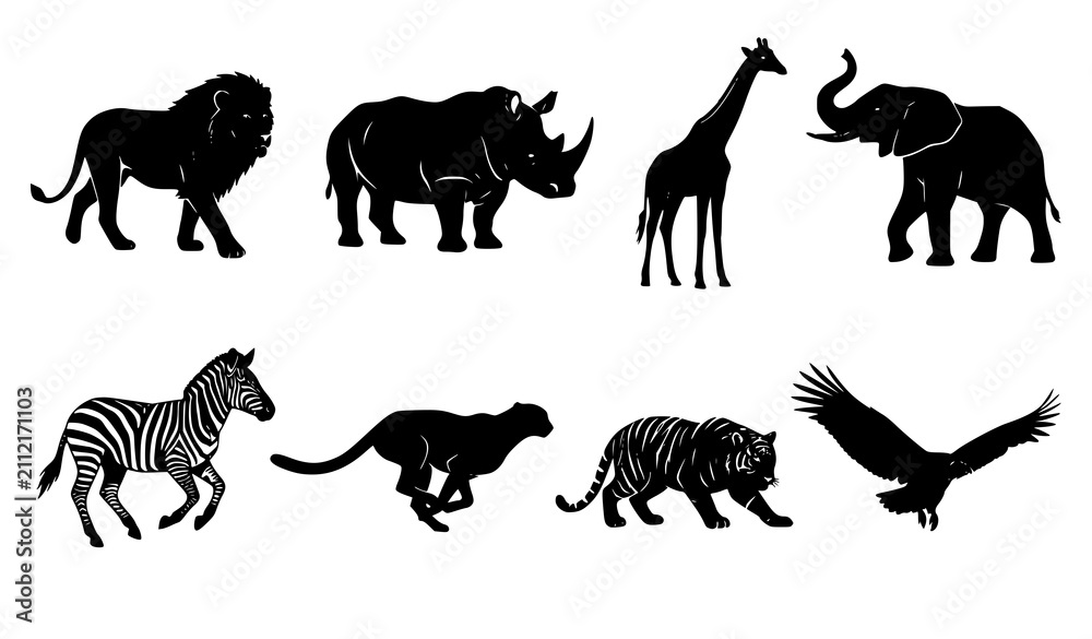 Fototapeta premium African Safari Wildlife Silhouette Set with Lion Rhino Giraffe Elephant Zebra Cheetah Tiger and Vulture Vector Art