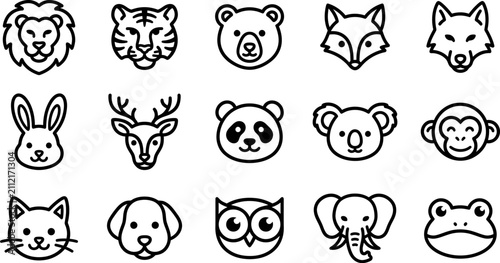 Photography A collection of fifteen simple black and white line art animal head icons featur